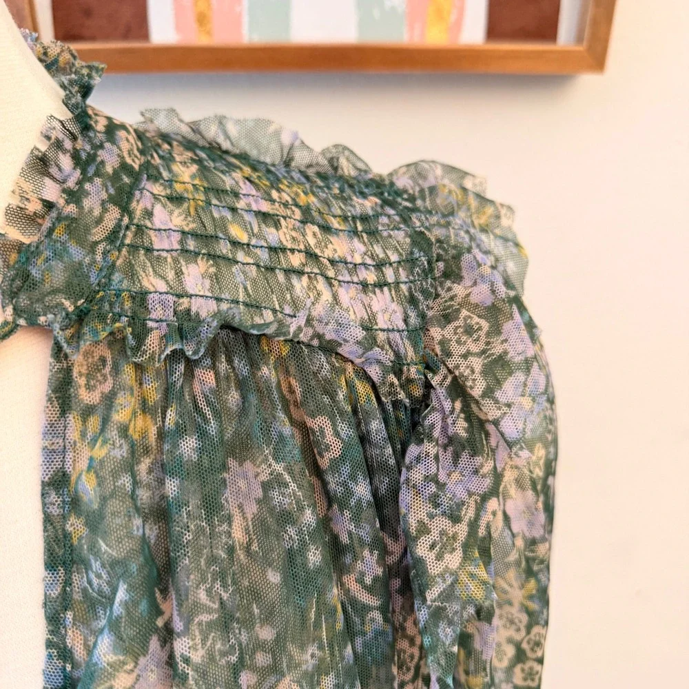 Free People Floral Mesh Crop Top Womens XS Green Boho Smocked Ruffle Blouse